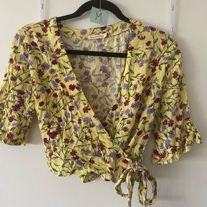 Yellow sarong style tie shirt crop